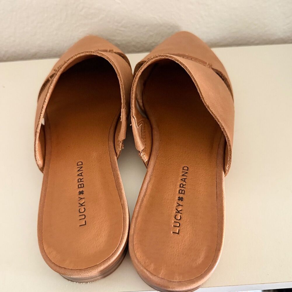 Lucky Brand Leather Mule Slides Women Size 7 Brown Tan Slip On Pointed Toe Fla - Picture 5 of 8